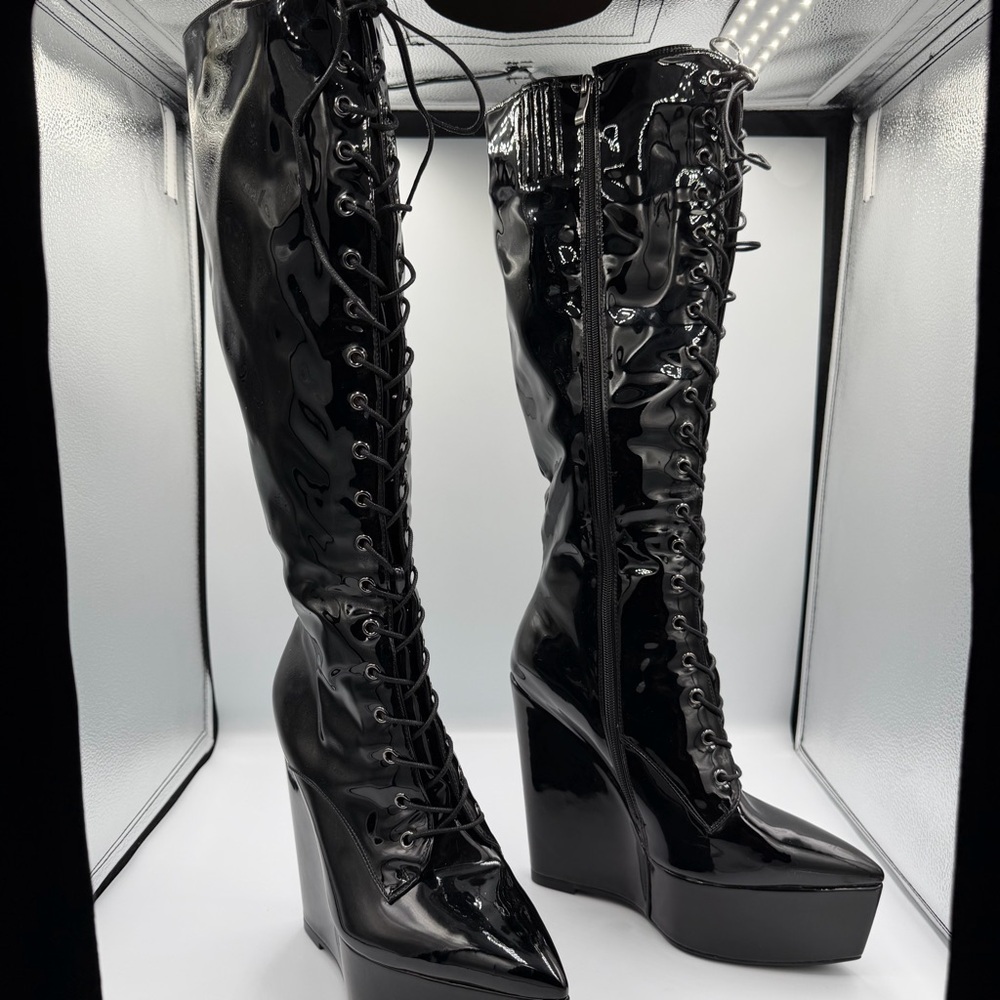 Black Pointed Platform Lace Up Zip Side Knee High Whimsigoth Goth Punk Boot 10 - Picture 2 of 7